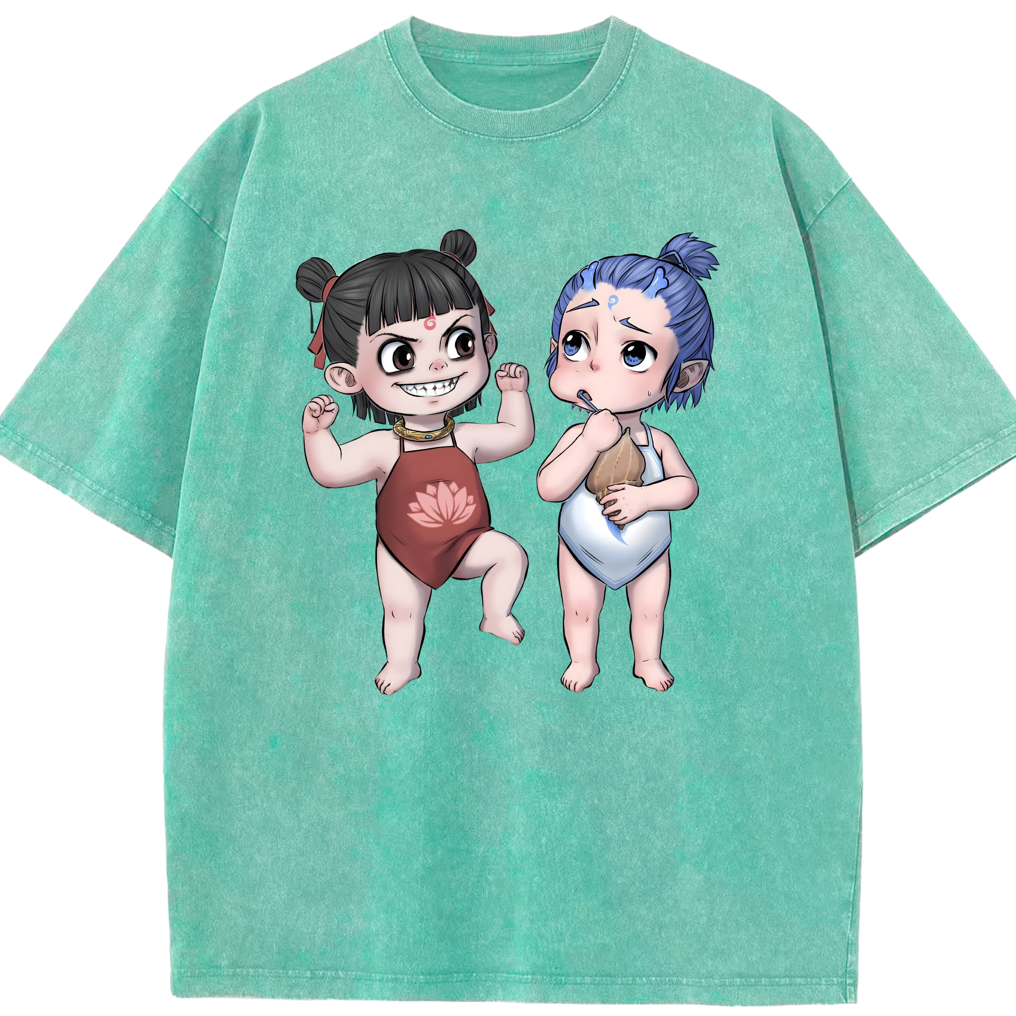 （画像用） Ne Zha 2 ナタ 魔童の大暴れ 綿100% ヴィンテージ風 半袖Tシャツ（フロントプリント）